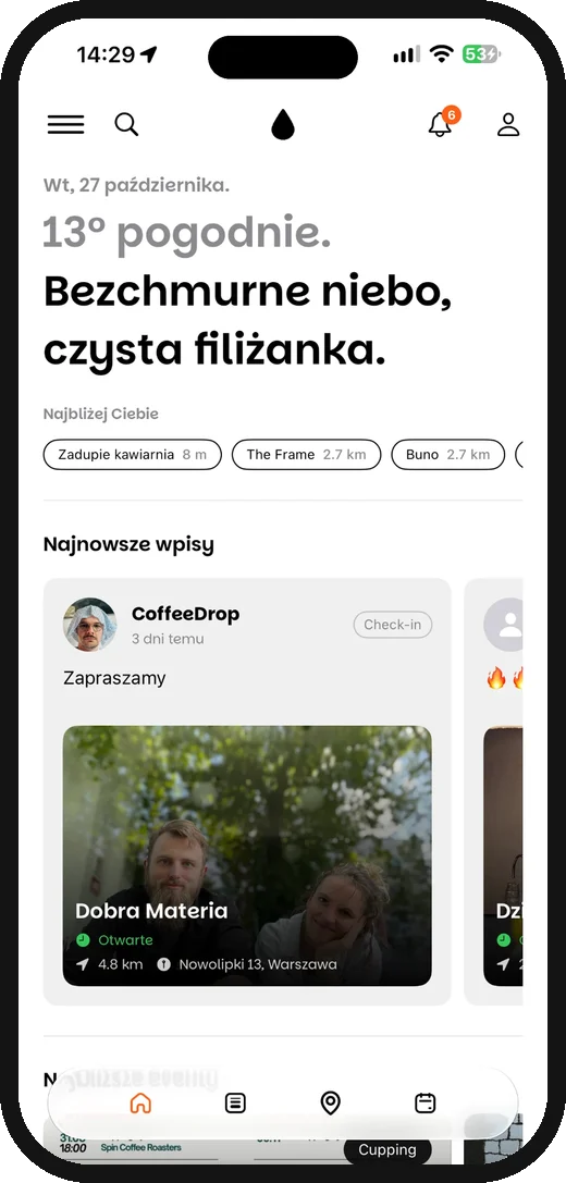 Dashboard z pogodą, najbliższymi kawiarniami i najnowszymi wpisami