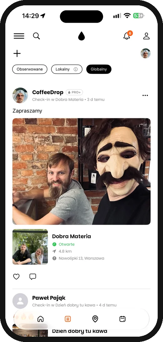 Feed z postami i check-inami społeczności